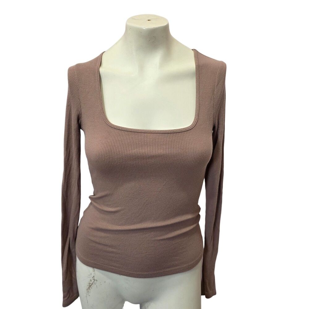Abercrombie & Fitch Essentials XS Ribbed Square Neck Long Sleeve‎ Brown Top Tee